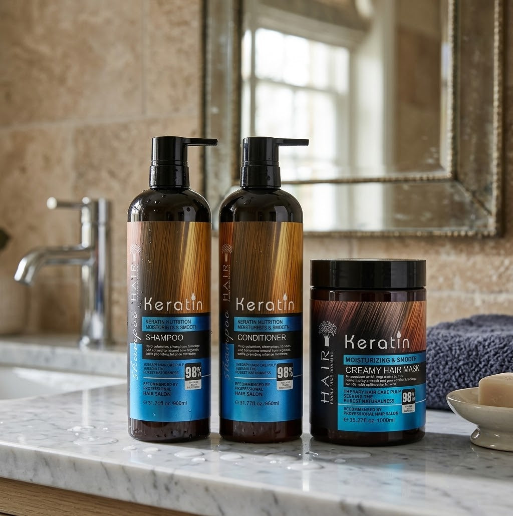✨ Keratin Hair Care 3-Piece Set — Shampoo + Conditioner + Creamy Hair Mask