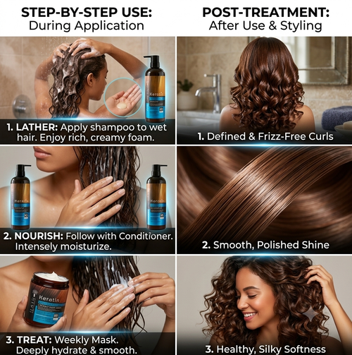 ✨ Keratin Hair Care 3-Piece Set — Shampoo + Conditioner + Creamy Hair Mask