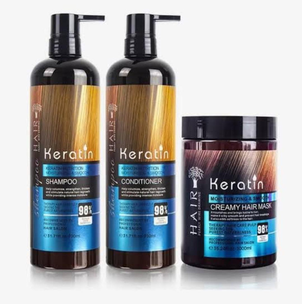 ✨ Keratin Hair Care 3-Piece Set — Shampoo + Conditioner + Creamy Hair Mask